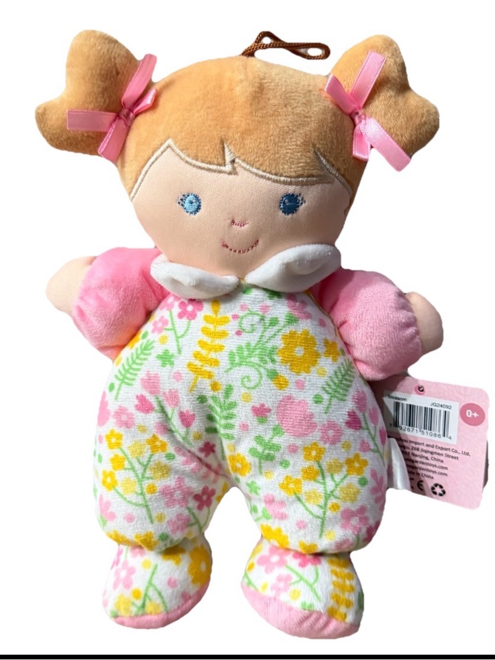 June Garden My First Doll Blossom Plush Stuffed Baby Doll Rattle Floral Pink New